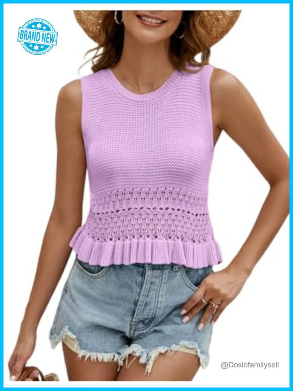 Sleeveless Knit Sweater Vest Crochet Ruffle Hem Slim Fit Tank Top
